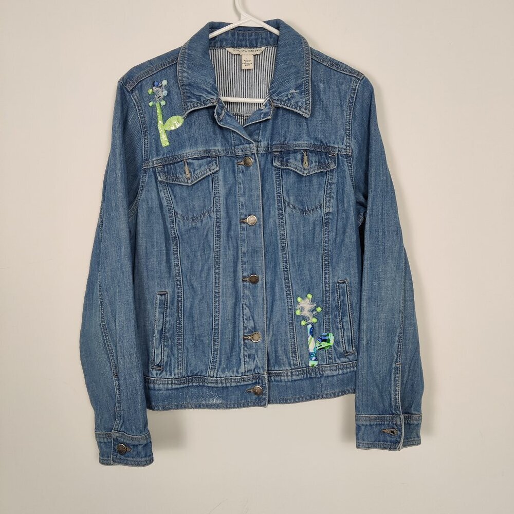 Jones New York Jeans Women's Jacket Size L Blue Green Embroidery Upcycled Cotton